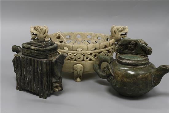 Two Chinese hardstone teapots and a dragon handled dish bowl diameter 25cm